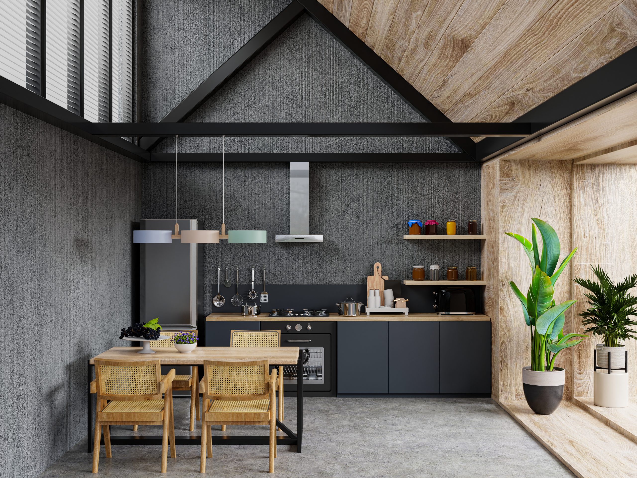 Interior of spacious kitchen with concrete wall.3d rendering